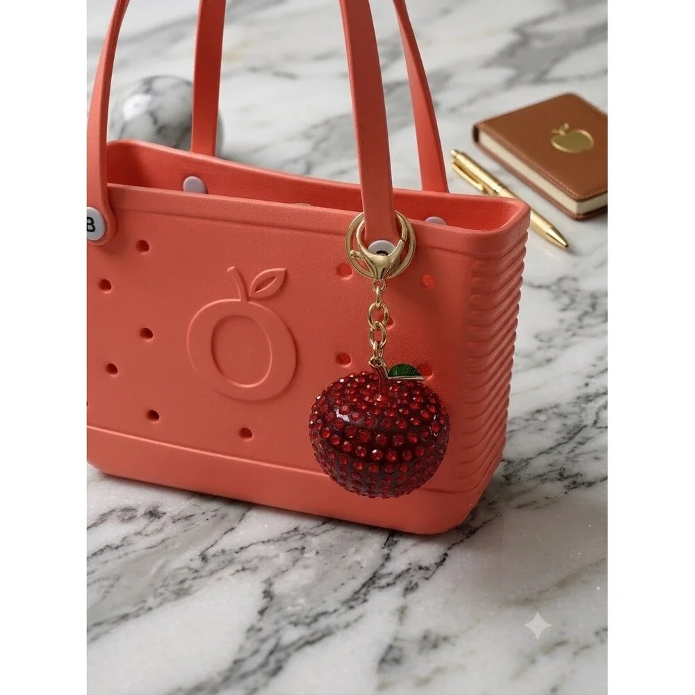 Sparkling Red Apple Rhinestone Bag Charm | Luxury Style Keychain | Purse Charm